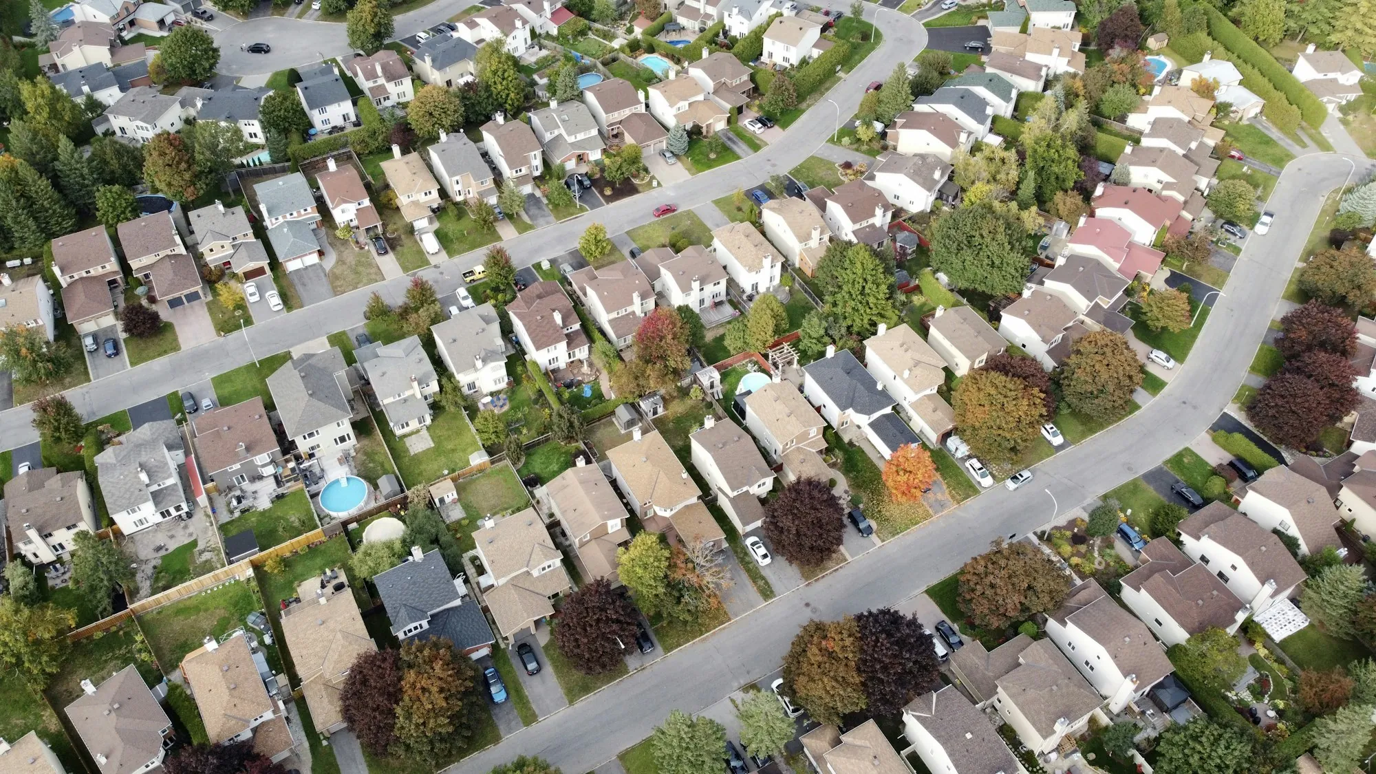 Aerial view of rows of single-family homes along a street